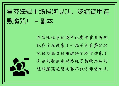 霍芬海姆主场拔河成功，终结德甲连败魔咒！ - 副本