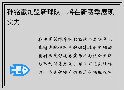 孙铭徽加盟新球队，将在新赛季展现实力