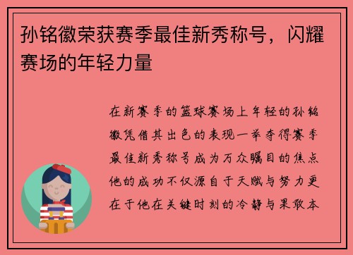 孙铭徽荣获赛季最佳新秀称号，闪耀赛场的年轻力量