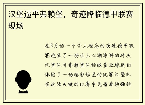 汉堡逼平弗赖堡，奇迹降临德甲联赛现场