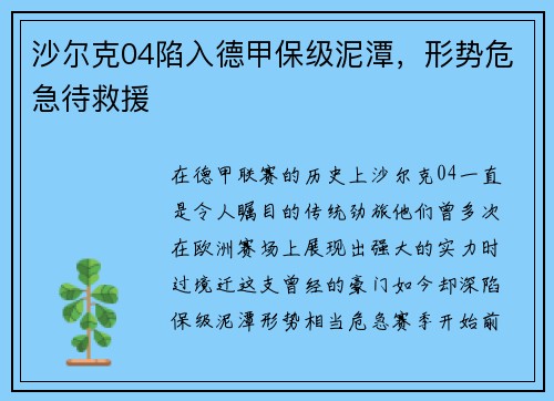 沙尔克04陷入德甲保级泥潭，形势危急待救援